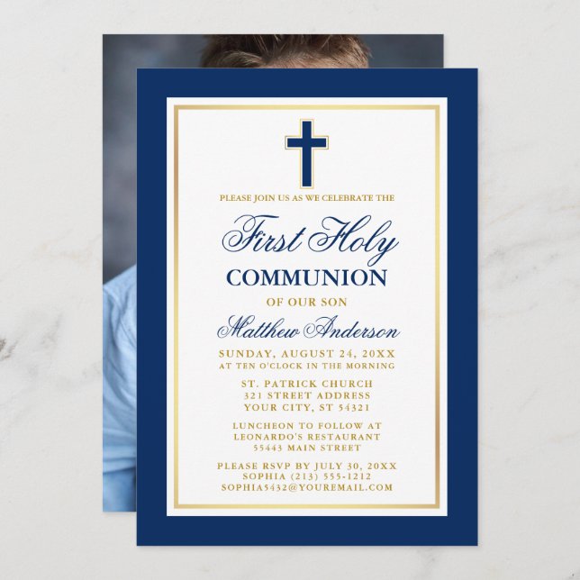 Elegant Blue Guld First Heliga Communion Photo Inbjudningar (Fram/baksida)
