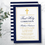 Elegant Blue Guld First Heliga Communion Stripe Inbjudningar<br><div class="desc">Elegant Blue och Guld Första Heligans inbjudan till kommissionen med Kor. Stripe bakåt.</div>