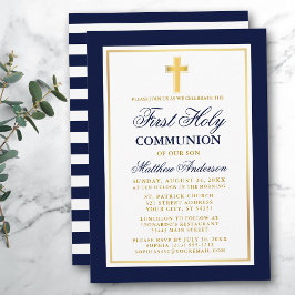 Elegant Blue Guld First Heliga Communion Stripe Inbjudningar