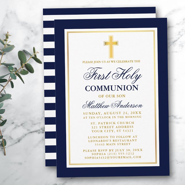 Elegant Blue Guld First Heliga Communion Stripe Inbjudningar (Customize to change text size, color or text style.)