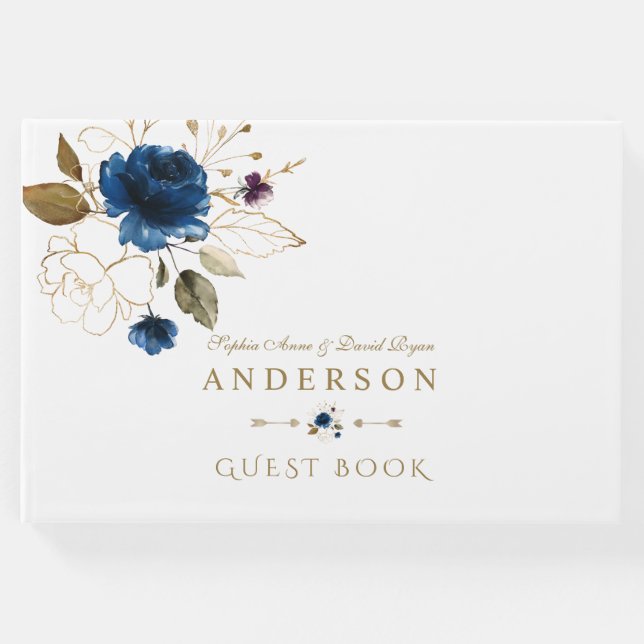 Elegant Blue Guld Flowers Monogram Bröllop Gästböcker (Framsida)