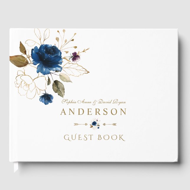 Elegant Blue Guld Flowers Monogram Bröllop Gästböcker (Framsida)