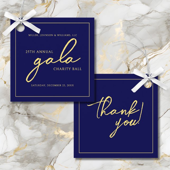 Elegant Blue Guld Gåvor Etiketter (Gala Event Charity Fundraiser Elegant Navy Blue and Gold Favor Tags with Company Name, Event Info.)