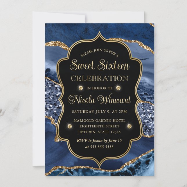 Elegant Blue & Guld Glitter Agate Sweet sixteen Inbjudningar (Framsida)