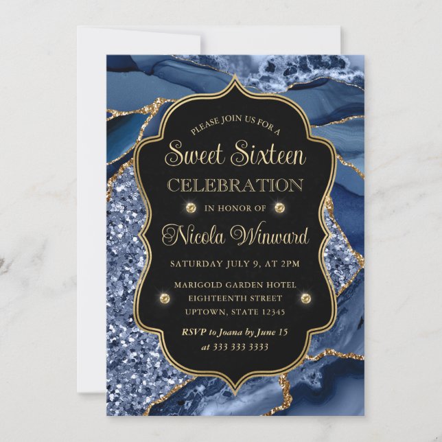 Elegant Blue & Guld Glitter Agate Sweet sixteen Inbjudningar (Framsida)