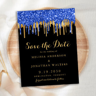 Elegant Blue Guld Glitter Drives Spara datum Vykort