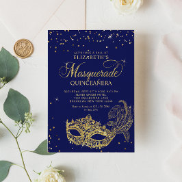 Elegant Blue Guld Glitter Masquerad Quinceañera Inbjudningar