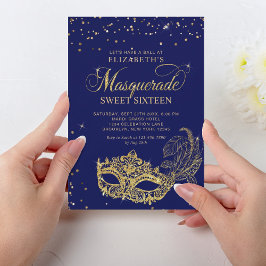 Elegant Blue Guld Glitter Masqueravaret Sweet 16 Inbjudningar