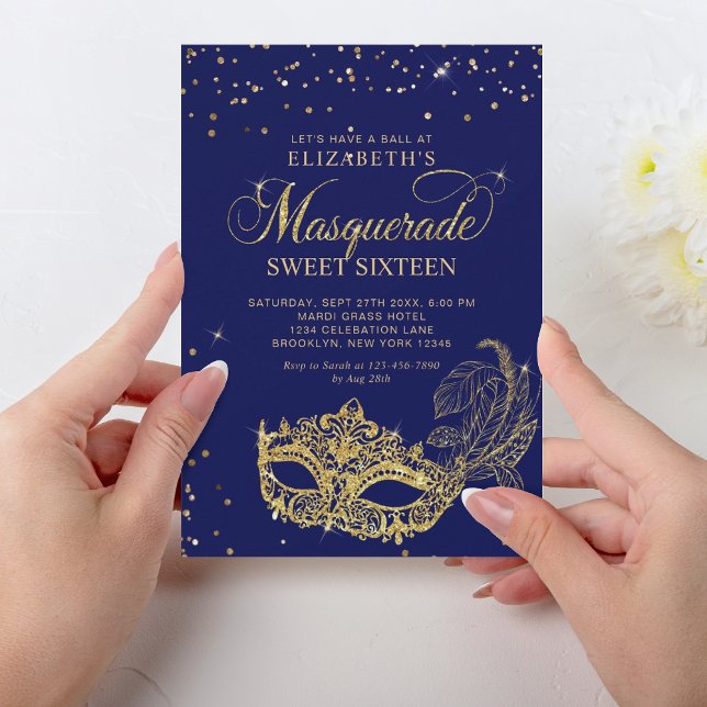 Elegant Blue Guld Glitter Masqueravaret Sweet 16 Inbjudningar (Skapare uppladdad)