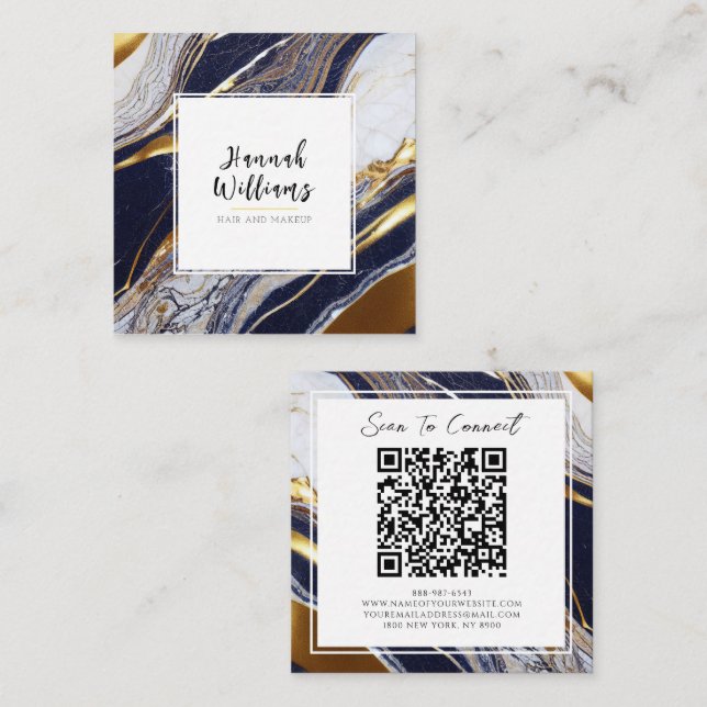 Elegant Blue Guld Glitter QR Abstrakt Marble Fyrkantigt Visitkort (Fram/baksida)