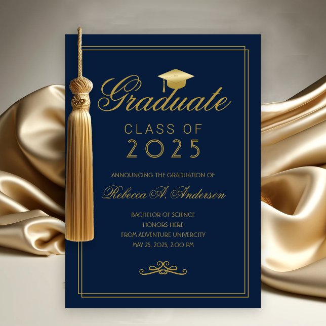 Elegant Blue Guld Grad Cap College Graduation Meddelande (Navy Blue and Gold College Graduation Announcement)