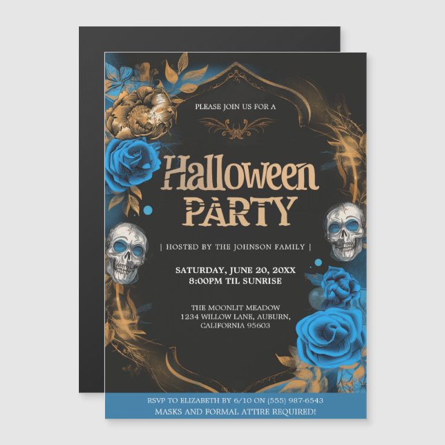 Elegant Blue & Guld Halloween fest Magnetisk Inbjudningskort (Fram/baksida)