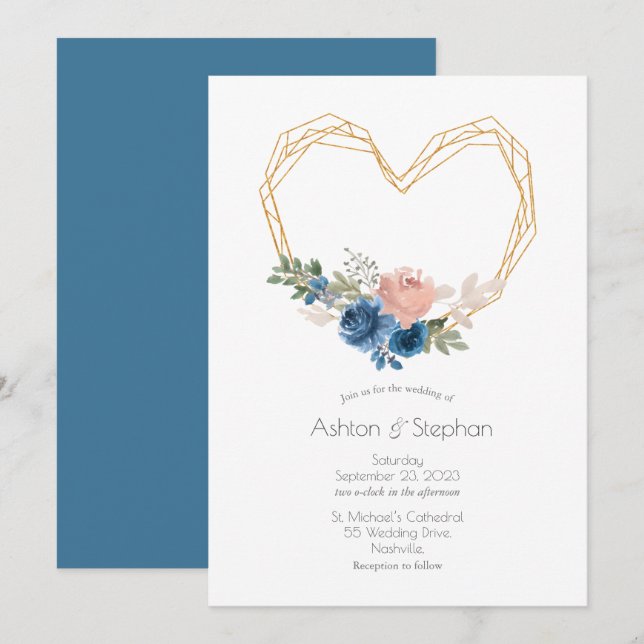 Elegant Blue Guld Heart Blommigt Bröllop Inbjudningar (Fram/baksida)