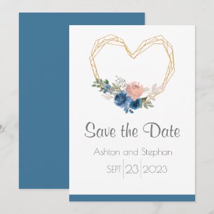 Elegant Blue Guld Heart Blommigt Bröllop Spara Datumet