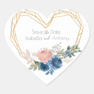 Elegant Blue Guld Heart Blommigt Namn Bröllop Hjärtformat Klistermärke