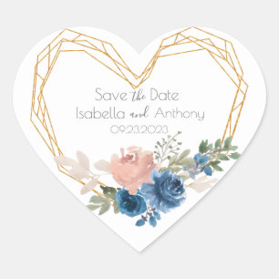 Elegant Blue Guld Heart Blommigt Namn Datum Bröllo Hjärtformat Klistermärke