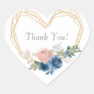 Elegant Blue Guld Heart Blommigt Namn Tack Hjärtformat Klistermärke