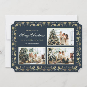 Elegant Blue Guld Holly-familjen 3 Fotojul Julkort