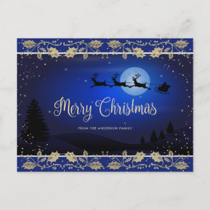 Elegant Blue Guld Holly Santa God jul Helg Vykort