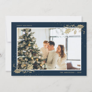 Elegant Blue Guld Holly Snowflake Photo Julkort