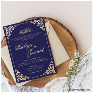 Elegant Blue Guld islamisk muslimsk Bröllop Inbjudningar