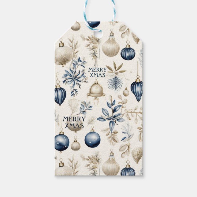 Elegant Blue & Guld jul Ornaments Mönster Presentetikett (Framsidan)