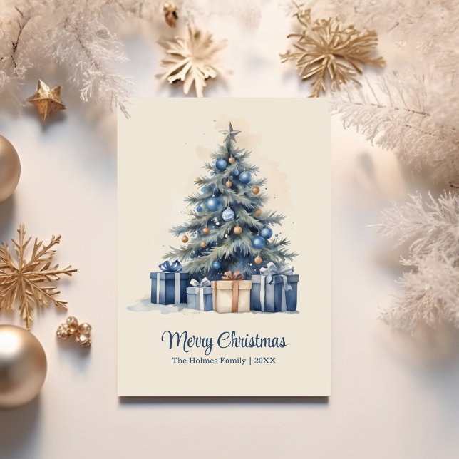 Elegant Blue & Guld Julgran Card Julkort (Elegant Blue & Gold Christmas Tree Card on a table with white and gold Christmas decoration)