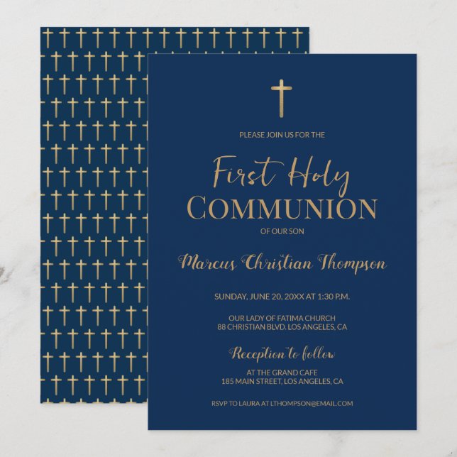 Elegant Blue Guld Kor Boy First heliga communion Inbjudningar (Fram/baksida)