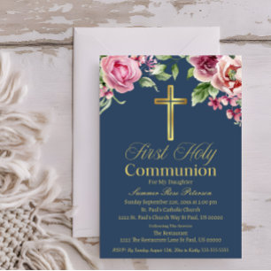 Elegant Blue Guld Kor First Communion Girl/Boy Inbjudningar