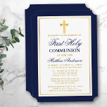Elegant Blue Guld Kor Första Heligan Kommunision Inbjudningar<br><div class="desc">Elegant Navy Blue och Guld First Heliga Communion Call with Kor. Guld Ram. Guld Kor.</div>