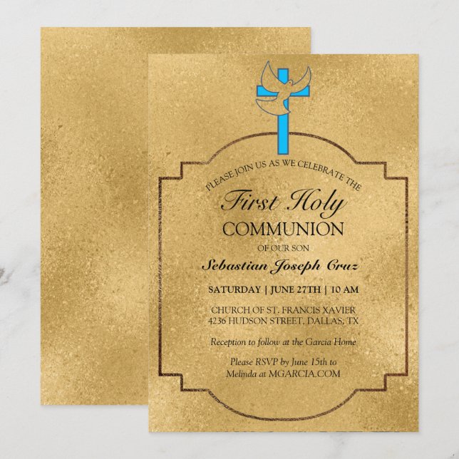 Elegant Blue Guld Kor Första kommissionen Inbjudningar (Fram/baksida)