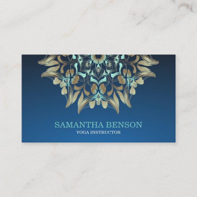 Elegant Blue & Guld Lotus Yoga Instructor Visitkort (Framsida)