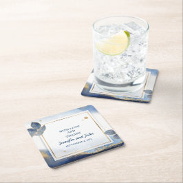 Elegant Blue Guld Löv Botaniska Bröllop Underlägg Papper Kvadrat