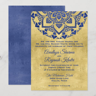 Elegant Blue Guld Mandala Indiska Bröllop Inbjudningar