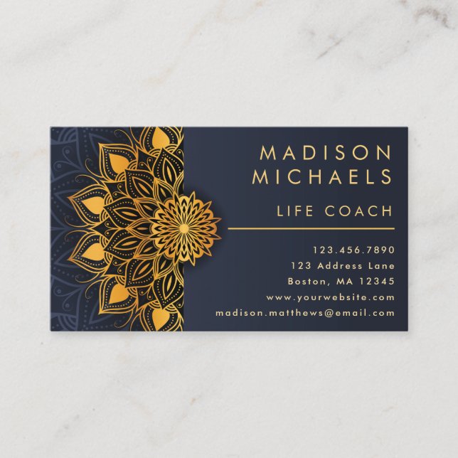 Elegant Blue Guld Mandala Life Coach Visitkort (Framsida)