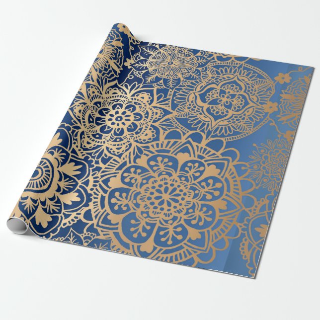 Elegant Blue Guld Mandala Mönster Presentpapper (Utrullad)