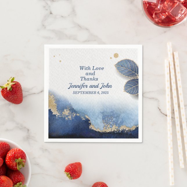 Elegant Blue Guld Marble Botanical Bröllop Pappersservett (Insitu)