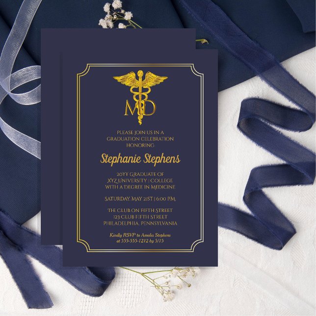 Elegant Blue | Guld MD Physician Studentfest Inbjudningar (Elegant Blue and Gold-Toned  "MD" Physician Formal Graduation Party Invitation)