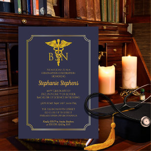 Elegant Blue Guld Nurse BSN Studentfest Inv. Magnetisk Inbjudningskort