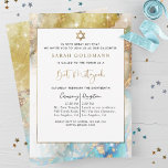 Elegant Blue Guld och Silver Celestial Bat mitzvah Inbjudningar<br><div class="desc">Utöm vänner och familj med denna vackra och elegant Bat mitzvah inbjudan! Konstruktion med delikat vattenfärg och bläck sellerbakgrund i blått, akva, guld och silver med udda glättstjärnor och guld-späckar. Möjlighet att lägga till information om ceremoni och mottagning, lunch, middag eller party! Perfekt för grått, guld och blått, och guld...</div>
