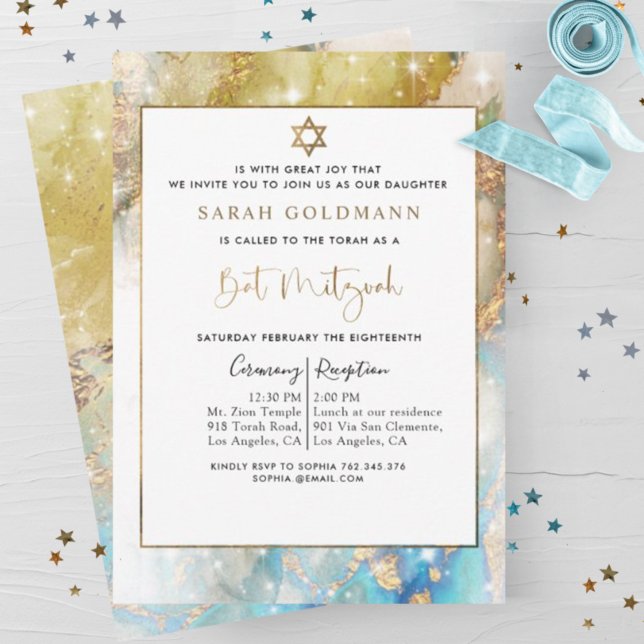 Elegant Blue Guld och Silver Celestial Bat mitzvah Inbjudningar (Skapare uppladdad)