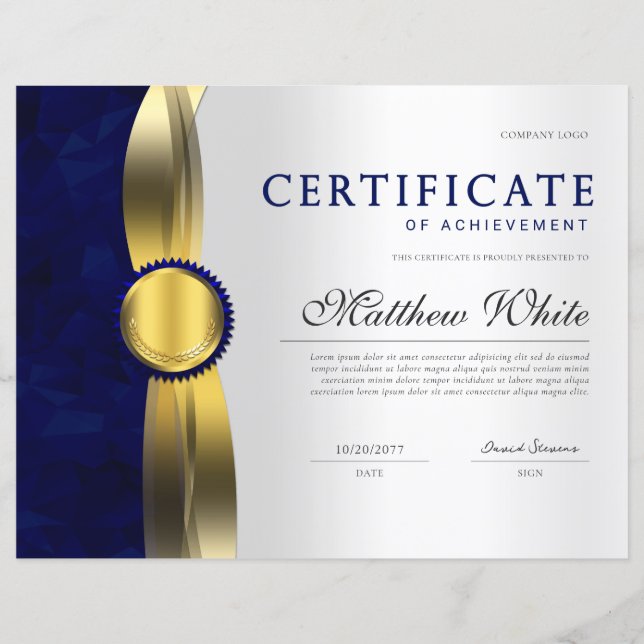 Elegant Blue & Guld Professionell Certificate Awar (Framsida)