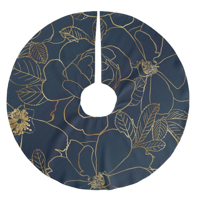 Elegant Blue Guld Ro Blommigt Julgransmatta Borstad Polyester (Framsidan)