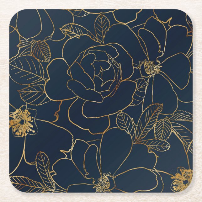 Elegant Blue Guld Ro Blommigt Underlägg Papper Kvadrat (Framsidan)