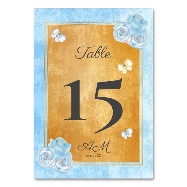 Elegant Blue Guld Ro Butterflies Quinceañera Bordsnummer (Framsidan)