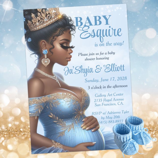 Elegant Blue & Guld Royal Baby Shower Ethnic Women Inbjudningar (Pregnant African American Woman Elegant Blue & Gold Royal Baby Shower Invitation )