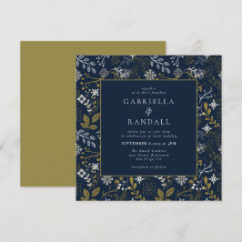 Elegant Blue Guld Silver Botanical Print Bröllop Inbjudningar