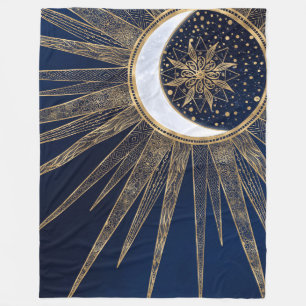 Elegant Blue Guld Sol Måne Mandala Fleecefilt