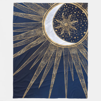 Elegant Blue Guld Sol Måne Mandala Fleecefilt