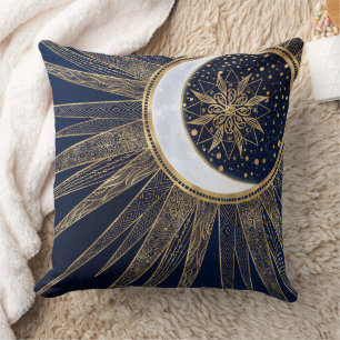Elegant Blue Guld Sol Måne Mandala Kudde